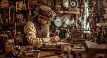 An inventor in a steampunk workshop surrounded by gears and mechanical devicesの素材