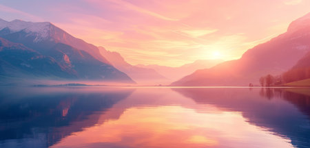 Stunning sunset over a calm lake reflecting vibrant hues of pink and orange mountainsの素材