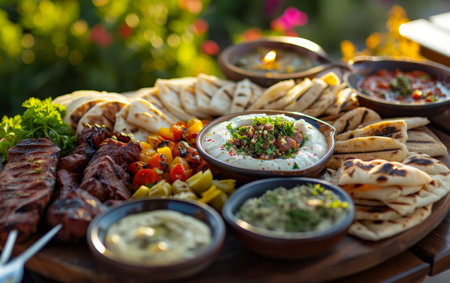 A feast of Middle Eastern dishes served al fresco, highlighted by the golden sunlight and vibrant, fresh ingredientsの素材