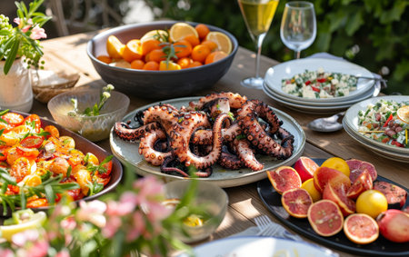A rustic Mediterranean spread with grilled octopus and a variety of fresh dishes, enjoyed on a sunny outdoor tableの素材