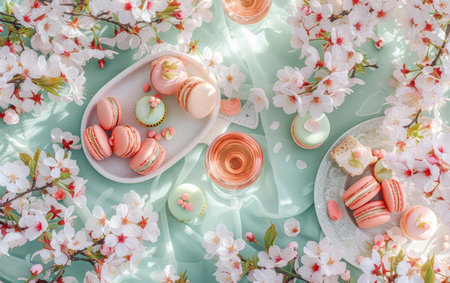 Tranquil picnic scene with delicate macarons, rose wine, surrounded by soft cherry blossoms on a sunny dayの素材