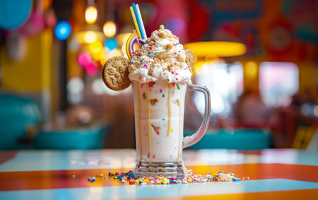 Extravagant milkshake with whipped cream, cookies, and sprinkles, presented with colorful straws against a vibrant diner backdropの素材