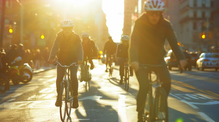Sunlit cityscape with cyclists commuting during golden hour, highlighting urban mobilityの素材