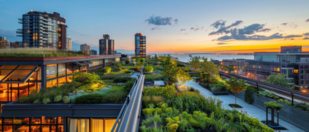 A rooftop dining experience embraces the sunset, offering panoramic views of the cityscape amid verdant plant arrangementsの素材