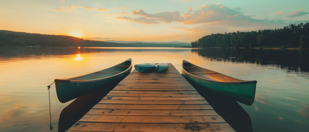A serene sunrise reflects on a calm lake with two canoes docked on a wooden pier, inviting a peaceful morning paddle in the embrace of natureの素材