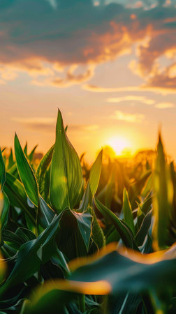The sun sets over a vibrant cornfield, casting a golden glow and long shadows across the green leavesの素材