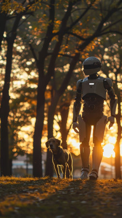 A friendly robot with glowing eyes enjoys a moment with a fluffy puppy on a park pathway, surrounded by the fiery hues of sunsetの素材