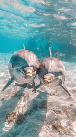 Two dolphins glide harmoniously under the crystal-clear sea near the ocean floor, showcasing the beauty and serenity of marine lifeの素材