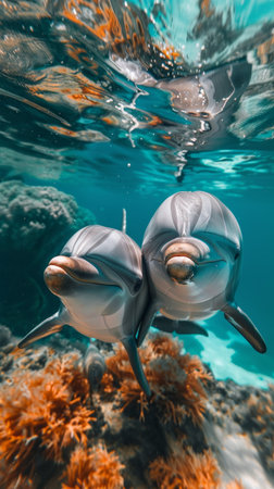 Two dolphins glide harmoniously under the crystal-clear sea near the ocean floor, showcasing the beauty and serenity of marine lifeの素材