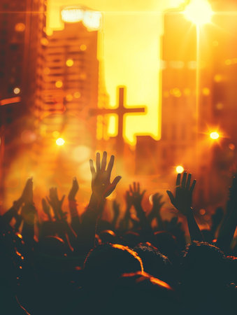 Silhouetted hands raised in worship with a cross and a sun setting behind the urban skyline in the backgroundの素材