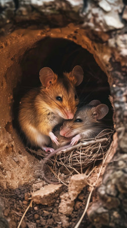 Two curious mice peek out from a cozy hollow in a tree, surrounded by textured bark and soft mossの素材