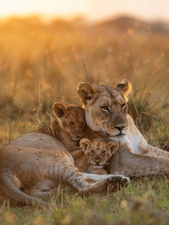 A vigilant lioness lies in the grass, surrounded by playful cubs as the day's last light paints the savannah in vibrant hues of orange and goldの素材