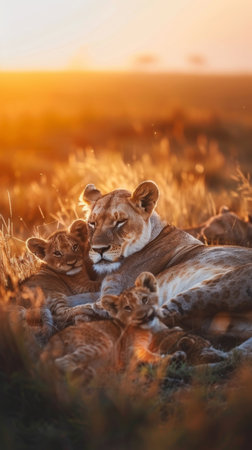 In the serene African savanna, a lioness lies with her cubs against a stunning sunset backdrop, capturing a peaceful family momentの素材