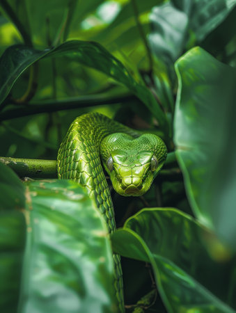 A vivid green snake camouflaged perfectly amongst lush tropical foliage, exemplifying nature's adaptation and beautyの素材