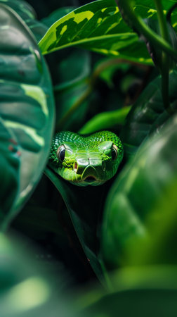A striking green python with intense eyes hides within the shadows of thick green foliage, blending into its environmentの素材