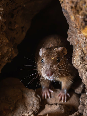 An inquisitive rat emerges from its natural lair, a creation of earth and time, its gaze filled with the wisdom of the undergroundの素材