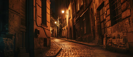 The old quarter's narrow streets, illuminated by the soft golden light of lanterns, evoke a sense of history and mystery under the night skyの素材