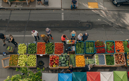 An aerial shot captures the vibrant scene of a street market with colorful produce on display, as people engage in the daily hustle of buying and selling.の素材