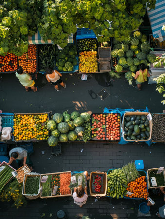 A top-down perspective showcases an organized array of fresh market produce with shoppers selecting fruits and vegetables on a sunny dayの素材