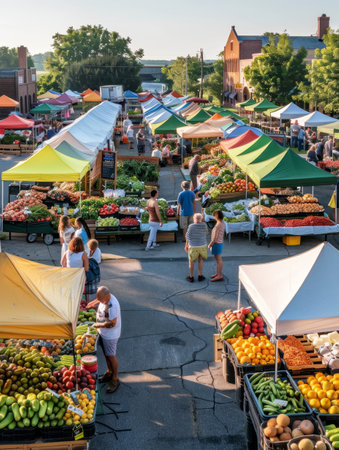 A top-down perspective showcases an organized array of fresh market produce with shoppers selecting fruits and vegetables on a sunny dayの素材