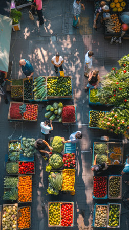 Aerial capture of a busy food market with an array of fruits and vegetables as shoppers navigate through the stallsの素材