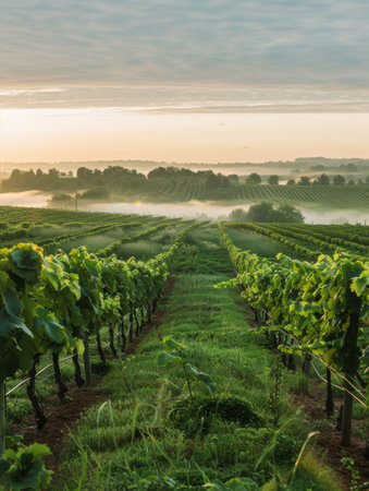 Sunlight filters through the morning mist in a vineyard, illuminating the green vines and ripening grape clustersの素材