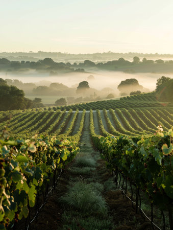 Sunlight filters through the morning mist in a vineyard, illuminating the green vines and ripening grape clustersの素材