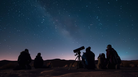 Group of people stargazing in a field using telescopes under a starry night skyの素材