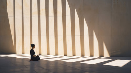 An individual meditates in a sunlit modern space, casting a pattern of shadows and lightの素材
