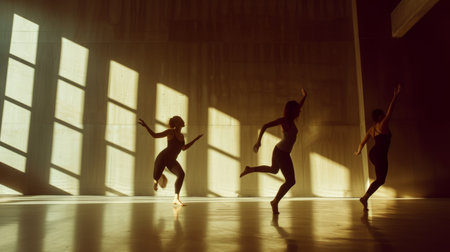 Dancers practice in unison in a bright studio, their movements echoed by the shadowsの素材