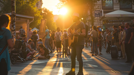A street musician playing guitar, captivating passersby as the sun setsの素材