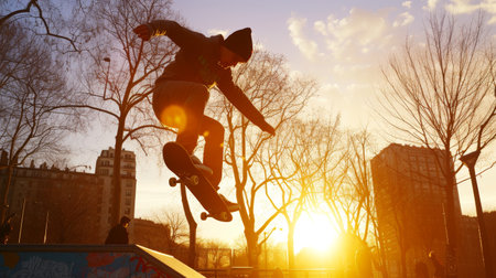 Skateboarder caught mid-trick at a skatepark during a golden sunset with onlookers in the soft-focus backgroundの素材