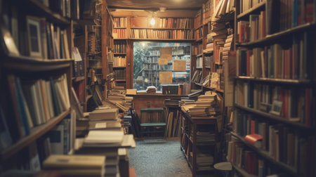 Warmly lit aisle of a cozy bookstore with shelves filled with an array of books, inviting a quiet explorationの素材