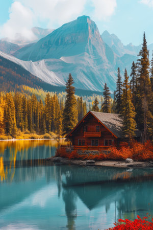Cozy wooden cabin on the shore of a mountain lake, surrounded by golden autumnal trees and serene watersの素材