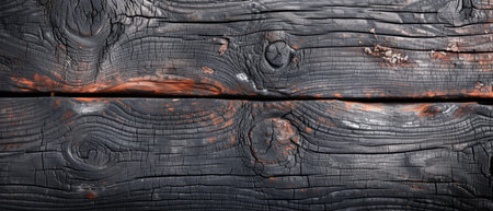 Aged wooden planks with a history of weathering, showcasing cracks and red paint remnantsの素材