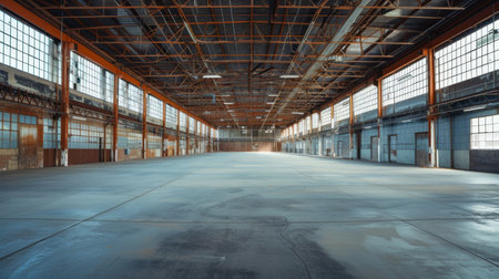 Wide-angle shot of a large, empty industrial warehouse with rows of storage units and ceiling lightsの素材