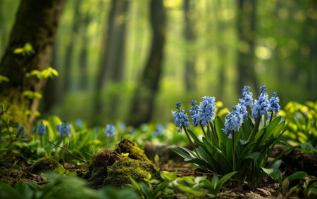 A close-up of beautiful bluebells emerging among the foliage in a serene, shadowy forest setting, symbolizing rebirth and peace.の素材