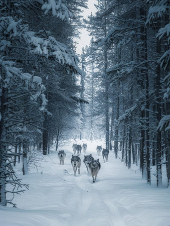 A serene image capturing a pack of wolves walking in line through a snow-covered forest with misty trees in the background.の素材