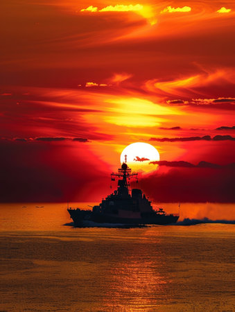 Commercial cargo ship sailing on a calm sea as the sun sets, painting the sky with vibrant oranges and reds.の素材