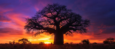 Stunning african baobab tree silhouetted against a fiery sunset skyの素材