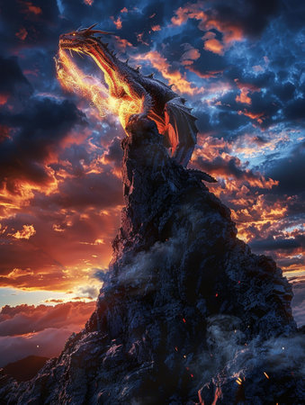 Majestic dragon blends with volcanic eruption against a dramatic skyの素材