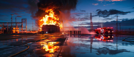 Dramatic fiery explosion at industrial plant with reflections at duskの素材