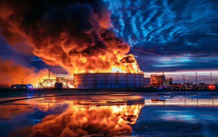 Massive fiery explosion at an industrial facility with dramatic smoke clouds against an evening skyの素材