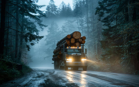Powerful Logging Truck Transporting a Heavy Load of Logs through a Serene Forestの素材