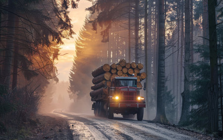 Powerful Logging Truck Transporting a Heavy Load of Logs through a Serene Forestの素材
