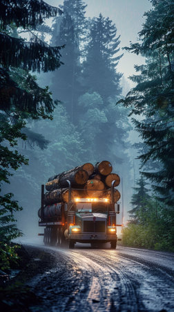 Loaded logging truck travels a misty, wet road amidst towering treesの素材
