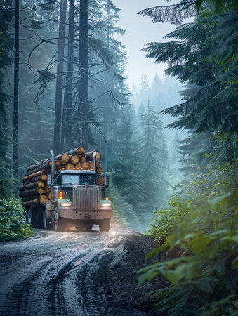 Nighttime truck transporting logs on wet road surrounded by treesの素材