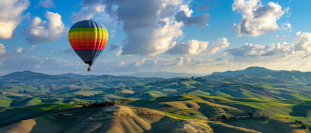 Aerial View of Hot Air Balloon Flying over Lush Green Valley with Majestic Mountainsの素材