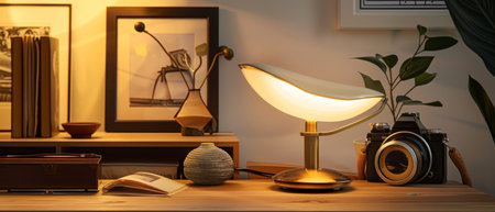 A simple wooden desk with a classic lamp and a vintage camera sits bathed in warm lightの素材