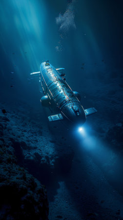 Underwater exploration vehicle illuminating the dark, mysterious ocean depths, surrounded by marine terrainの素材